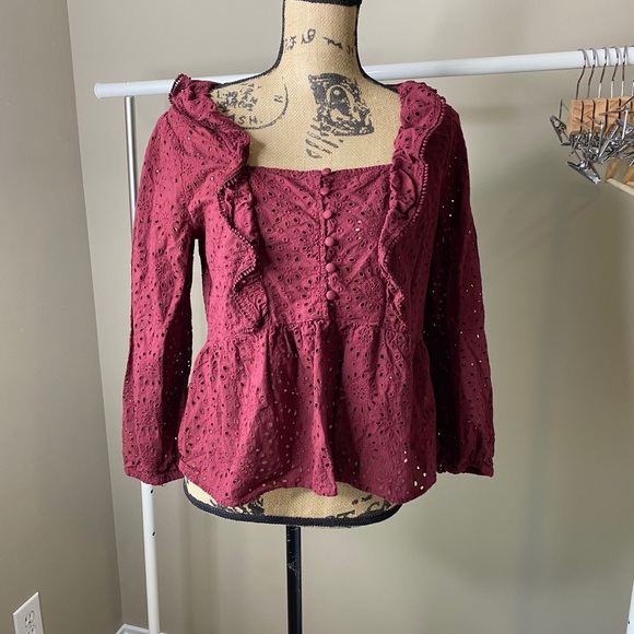 Madewell Maroon Pom Eyelet Blouse - Picture 2 of 8